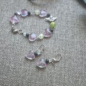 Vintage Pink and Green Heart Charm Bracelet Set